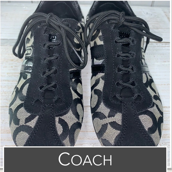 Coach “Kathleen” Sneakers Signature “C” Design, Black Suede, Patent Leather 7M - Picture 5 of 11